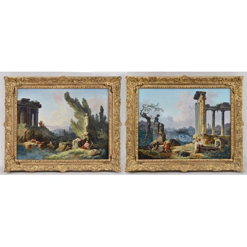 A Woman Fishing and Other Figures by Roman Ruins; Women Drawing Water from a Basin while a Man Contemplates a Classical Statue